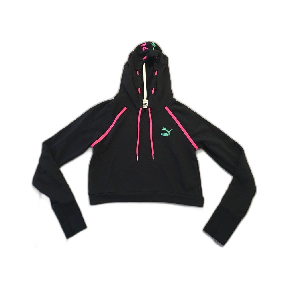 PUMA - CROP TOP HOODIE - BLACK & PINK - SIZE SMALL